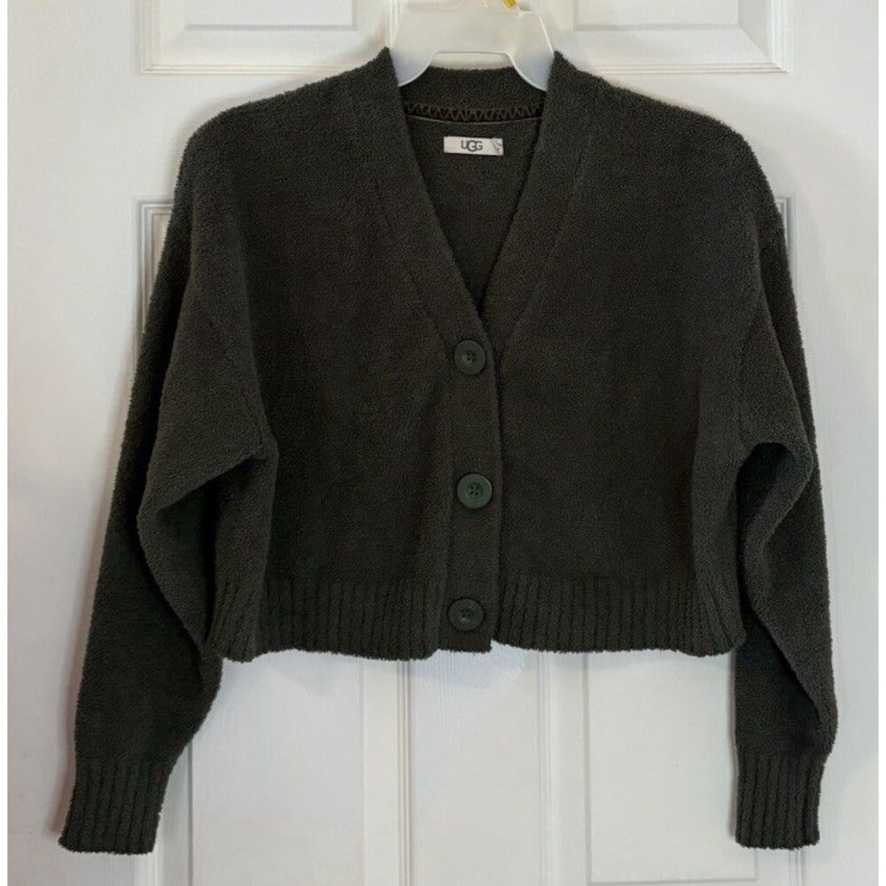 UGG Nyomi Women's Cropped Cardigan Sweater Green Sz S Soft Textured Cozy Comfy